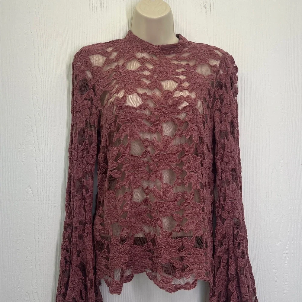 Anthropologie - Akemi + Kin Rose Pink Mock Neck Lace Long Sleeve Blouse Size 6